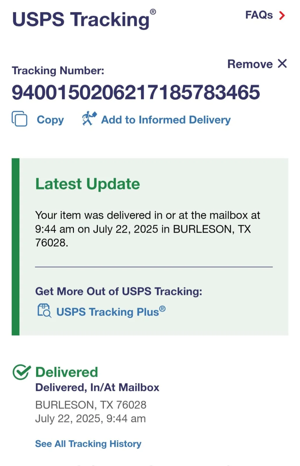 Order Delivered to USA